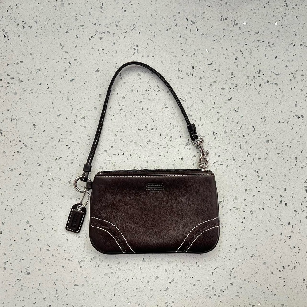 Coach Dark Brown Leather Wristlet with White Stitching